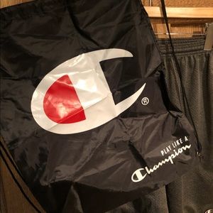 Champion drawstring bag and mesh shorts